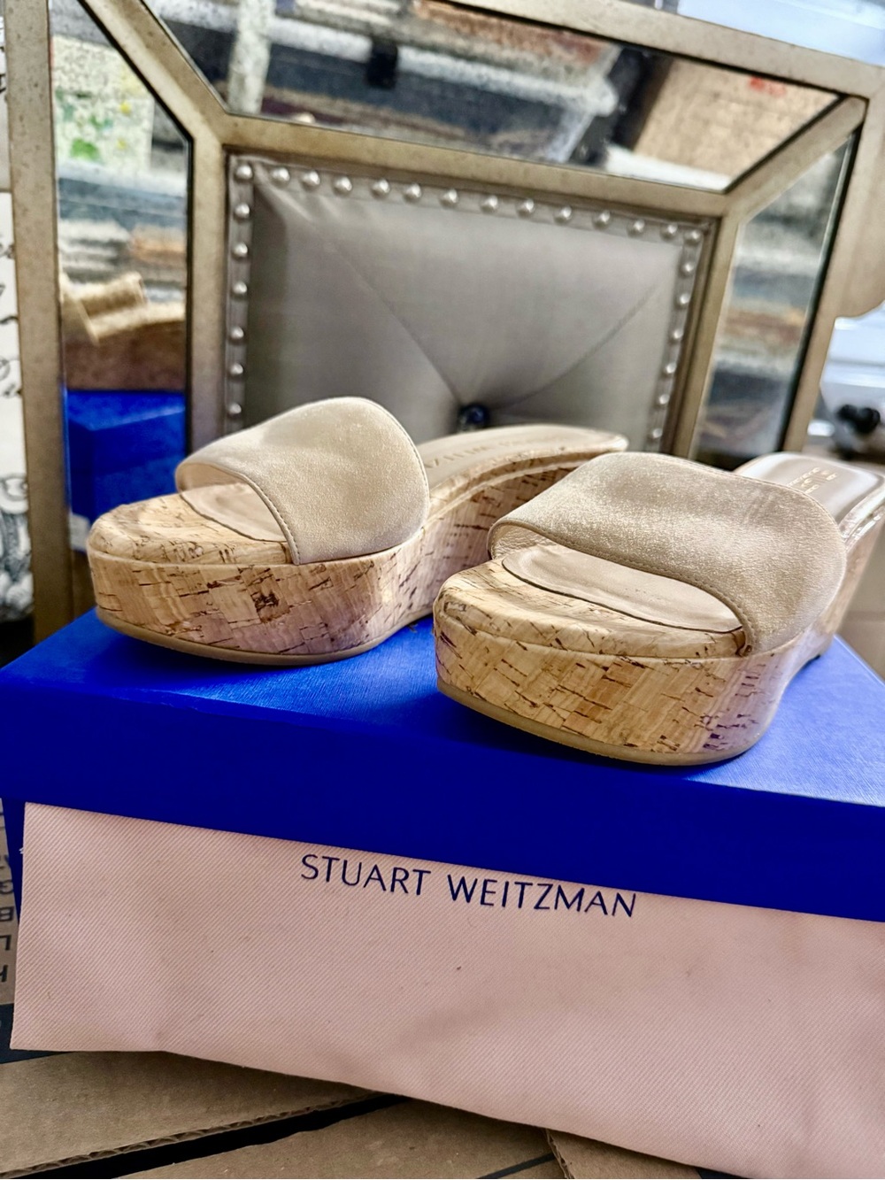 Stuart Weitzman Beige Cork Platform Slide Sandals Size 6.5